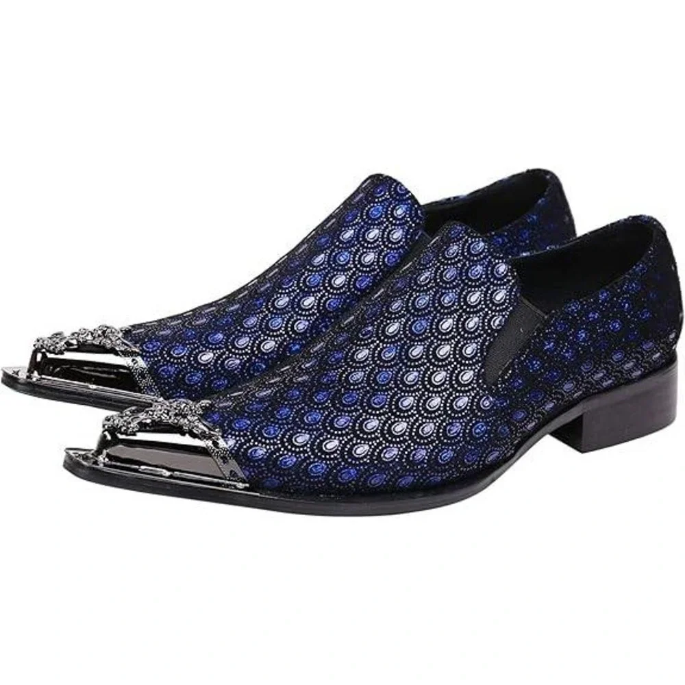 Santimon‎ Men's US 9.5 Black/Blue Leather Metal Tip Western Loafers Dress Shoes